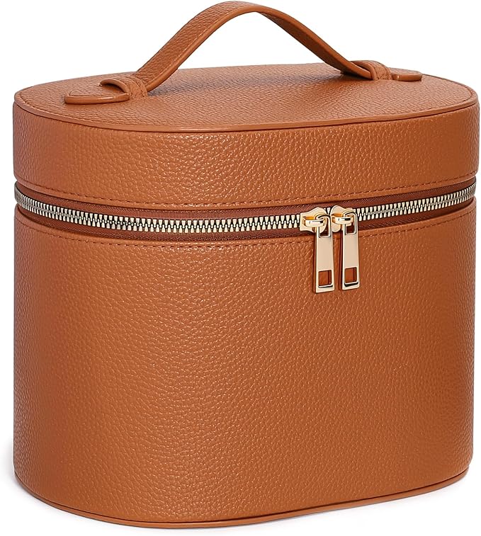 Makeup Bag Vanity Case for Women Leather Cosmetic Bag Makeup Organizer Case Portable Travel Toiletry Bag With Removable Compartments and Handle - Brown