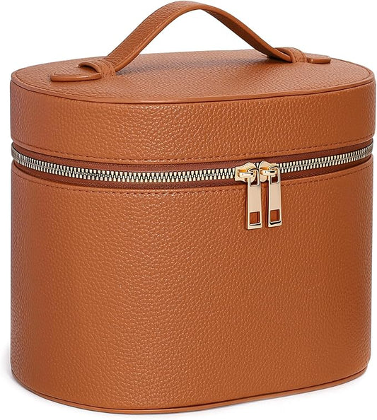 Makeup Bag Vanity Case for Women Leather Cosmetic Bag Makeup Organizer Case Portable Travel Toiletry Bag With Removable Compartments and Handle - Brown