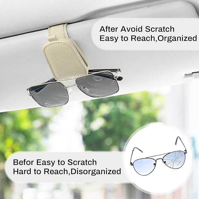 SINGARO Sunglasses Holder for Car, Leather Magnetic Buckle Sun Visor Sunglass Clip, Ticket Card Storage Glasses Clip, Car Interior Accessories for Men and Women（2PCS Beige）