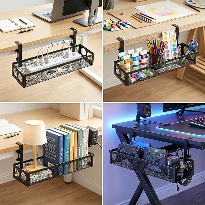 UIN Under Desk Cable Management Tray No Drill,15.35" Metal Cord Organizer with Clamp for Standing Desk, Cable Organizer for Home Office (Black)