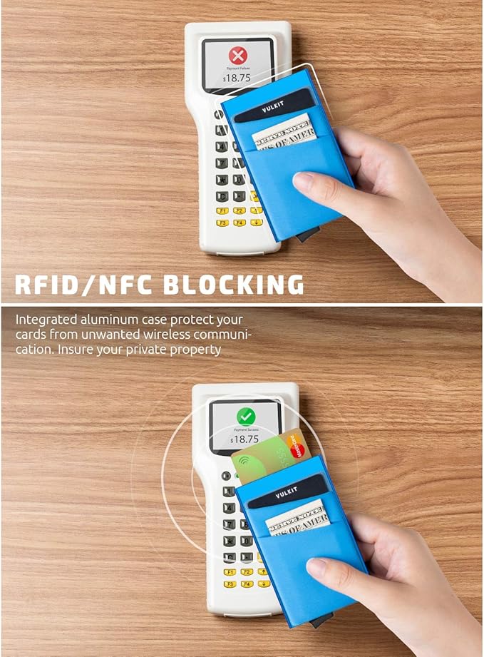VULKIT Card Holder with Money Pocket Pop Up Wallet RFID Blocking Slim Metal Bank Card Case Holds 5 Cards and Notes