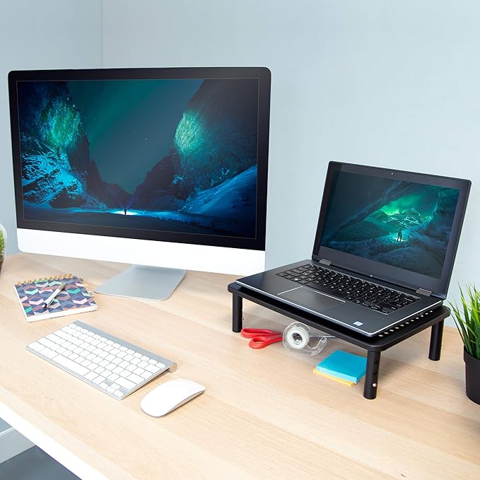 Mount-It! Height Adjustable Single Monitor Riser | Metal Mesh Computer Screen Platform | Desktop Riser for Laptop, Monitor, and Printer | 44lbs Capacity (Black)