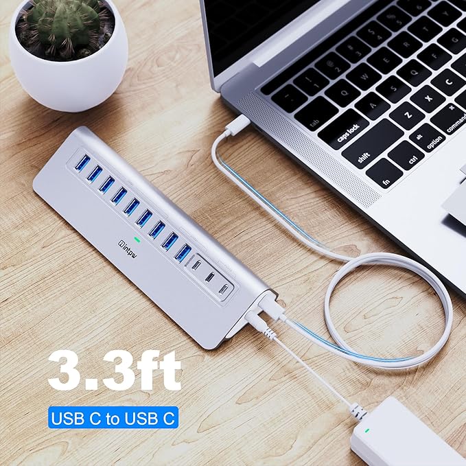 Powered USB Hub 10Gbps, intpw YH9AC 12 Port USB C Hub with 10Gbps USB C 3.2+2 USB A 3.2, 7 USB 3.0, 2 PD 45W Charging Port, 65W Power Adapter + 3.3FT Cable, Aluminum USB Hub for Laptop/iPhone 17/16/PC
