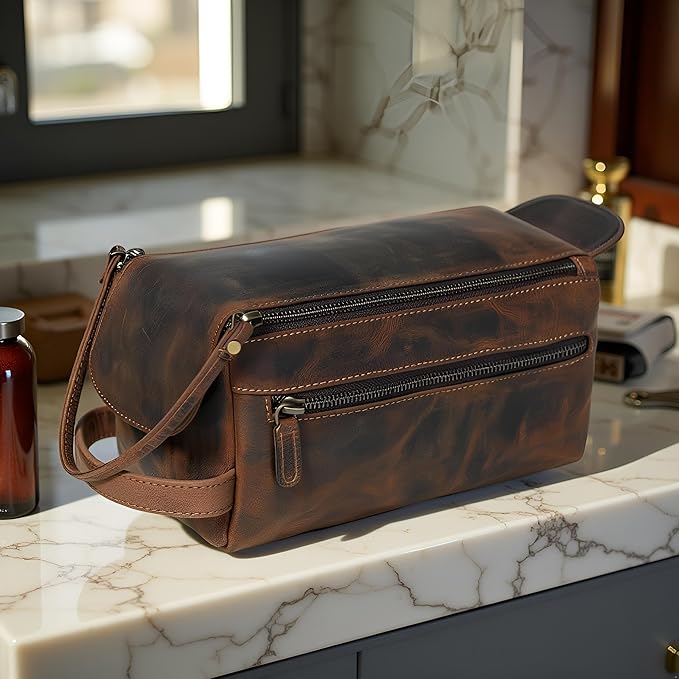 Hindoro Premium Buffalo Leather Travel Toiletry Bag - Unisex Water-Resistant Vintage Travel Pouch Kit, Shaving & Cosmetic Organizer for Men & Women - Compact Bathroom Essentials - Distressed Brown
