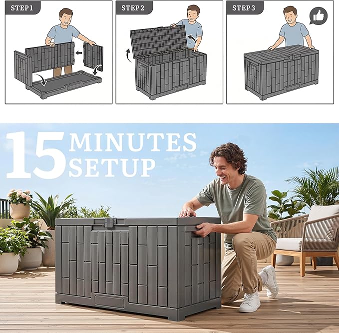 YITAHOME 60 Gallon Resin Deck Box, Weather Resistant Outdoor Rattan Storage Box with Slide-Locking Lid, Lockable Indoor Outdoor Storage for Supplies and Essentials, Taupe