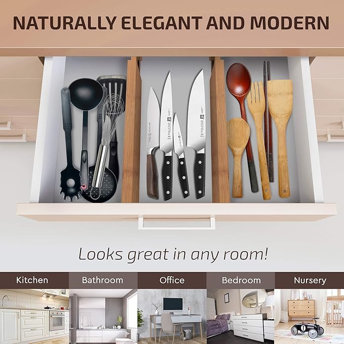 Drawer Dividers - 2.6 Inches High, Adjustable 16 to 22 Inches Bamboo Drawer Organizer, Large Expandable Separator for Clothes, Dresser, Bedroom, Bathroom, Baby, Office, Kitchen Utensils, 4PK, Natural