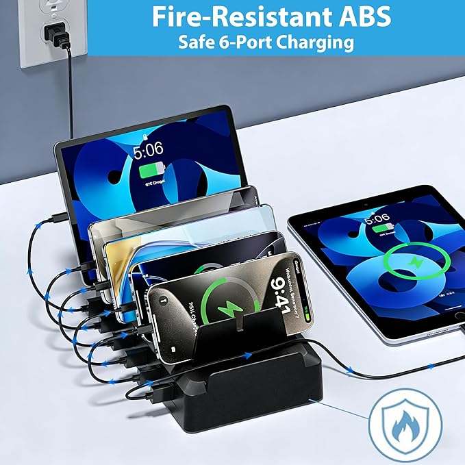 Charging Station for Multiple Devices, 6 Port USB Desktop Charger Dock Compatible with iPad, Samsung, Android, Tablet, Family Multi Phone Charging Organizer with Divider Holders, Fireproof ABS (Black)