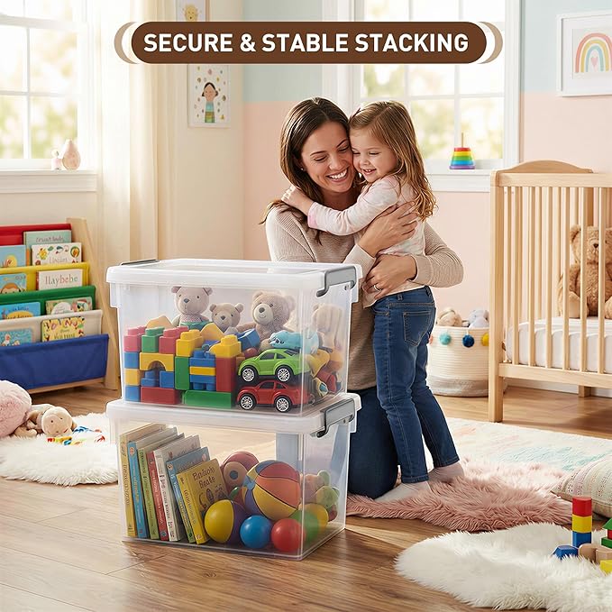 Citylife 22.2 QT 6 Packs Plastic Storage Bins with Lids and Secure Latching Buckles Clear Stackable Storage Containers for Organizing Durable Storage Box