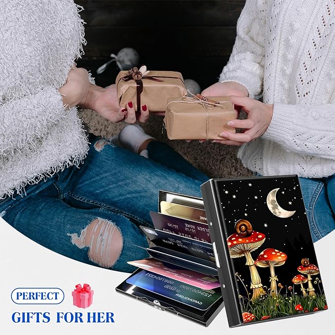 RFID Blocking Credit Card Holder - Slim Metal Wallet for Women & Men,Mushrooms Snails Design Stainless Steel Business Card Case,Compact Pocket Organizer for Travel & Daily Use