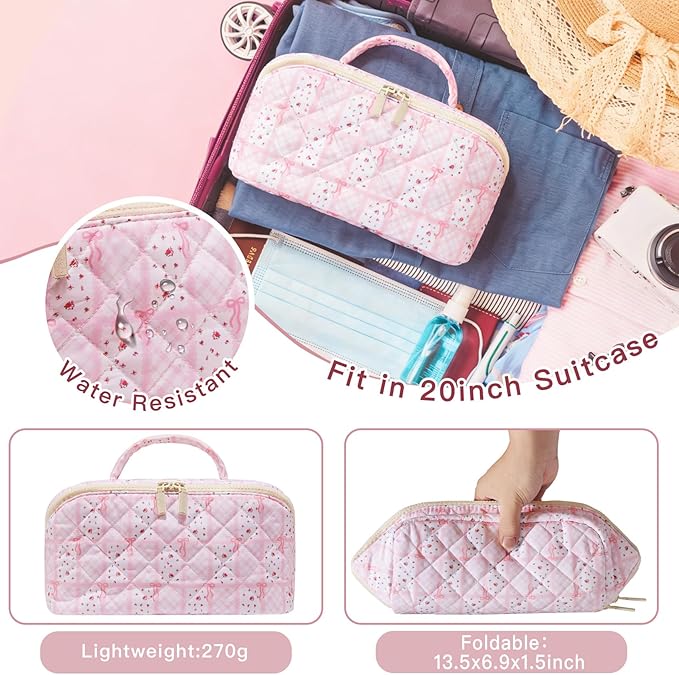 Large Pink Bow Floral Travel Makeup Bag Lay Flat Quilted for Women Airplane Essentials, Personalized Her 16th 18th 21st 25th 30th Birthday Gifts, Bride Teen Girls Cosmetics Skincare Brush Organizer