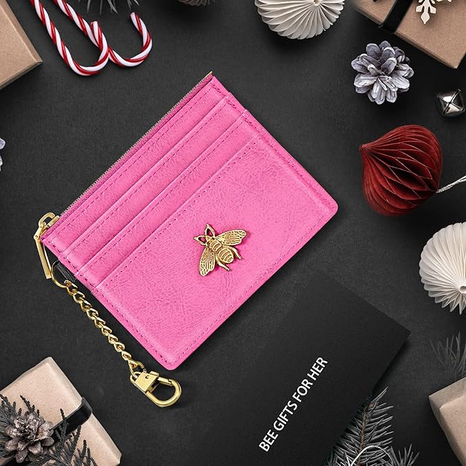 SEAVILIA Card Holder Keychain Wallet for Women with ID Window RFID Coin Purse Bee Gifts Slim Minimalist Small Wallet