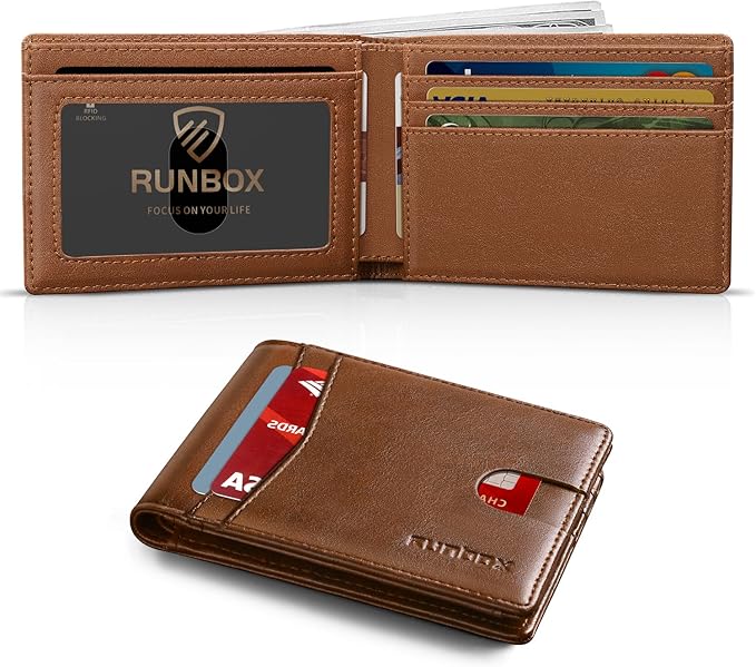 RUNBOX Wallet for Men Slim Leather Bifold RFID Blocking Minimalist Front Pocket Design with Gift Box