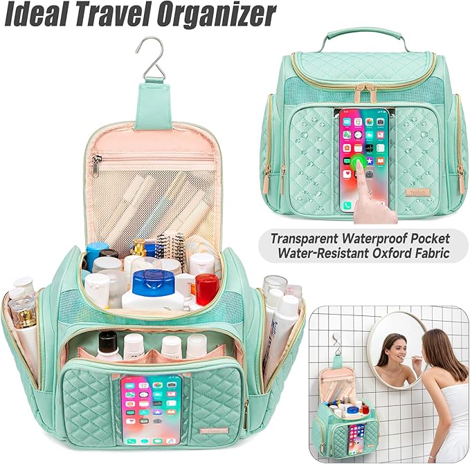 Tealari Large Toiletry Bag for Women Men,Bathroom Bag,Water Resistant Shower Bag,Makeup Bag,Portable Shower Caddy for College Dorm,Hanging Travel Toiletry Bag with Transparent Waterproof Phone Pocket