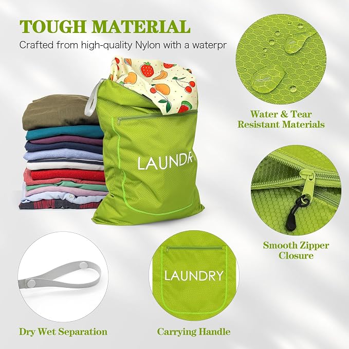 Weesiber 2 Pack Laundry Bags - Foldable Travel Dirty Clothes Organizer with Zipper, Washable Wet Dry Bag for Gym, Swimming, Yoga, and Workout Bathing Suits (Green, Small+ Large)