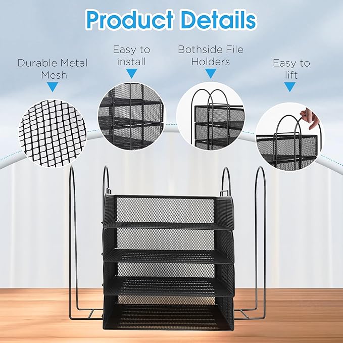 4 Tier Stackable Paper Tray Organizer for Desk, Office Desk Accessories, Paper Sorter Organizer for Letter/A4 Office File Folder Holder (Black, 16.1" x 13.2" x 10.12")