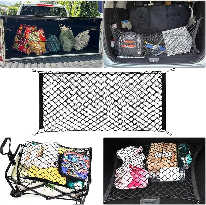 Cargo Net, Premium Dual-Layer Nylon Cargo Net for SUV, Automotive Exterior Accessories, Adjustable Elastic Trunk Net with Hook, Car Accessories for SUV, Truck, Pickup (35.4x15.7 Inch)