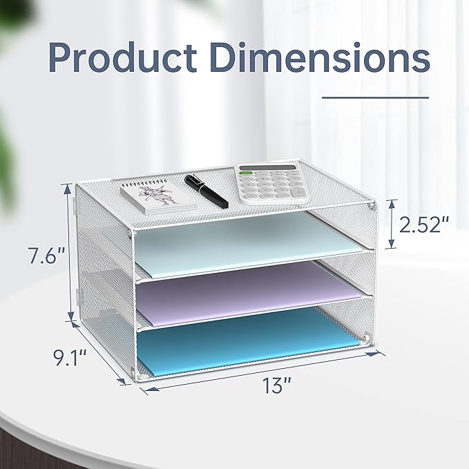 DALTACK 3 Tier Letter Tray Paper Organizer for Desk, Mesh Metal Desk File Organizer with Sliding Trays for Letter/A4 Paper, Mail, Bills & Folders, White