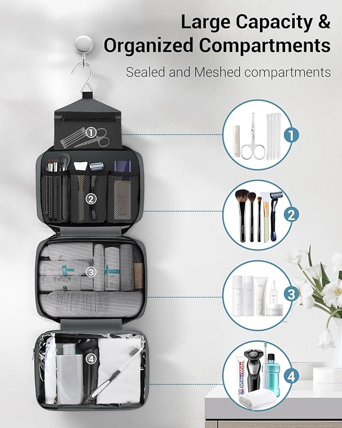 Maliton Toiletry Bag for Men & Women Travel Toiletry Bag Hanging Toiletry Bag Hygiene Organizer with 4 Compartments Waterproof Bathroom Shower Bag Large Toiletries Travel Bag (Gray)