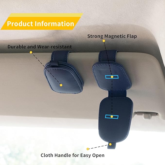 Yuoyar Sunglass Holder for Car, Magnetic Leather Sunglasses Holder and Ticket Card Clip, Car Visor Accessories, 2 Packs (Blue)