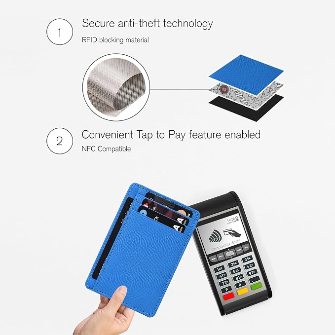 Real Leather Slim Minimalist Wallet for Men and Women -RFID Blocking Front Pocket Thin Credit Card Holder Stylish Wallets (Water Blue)