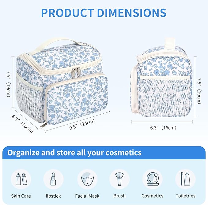 CUBETASTIC Makeup Bag Large, Floral Travel Make Up Case for Women with Removable Partitions & Multi-Pockets, Vertical Storage Cosmetic Pouch & Toiletry Bag (Floral Blue, Large)
