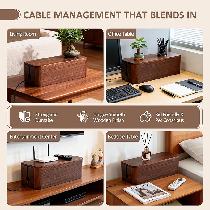 Large Acacia Wood Cable Management Box - Cord Hider & Organizer for TV Wires, Power Strip, Electrical Hiding, Desk & Floor Cables - Solution Wire Storage Solution for Office, Living Room, Bedroom