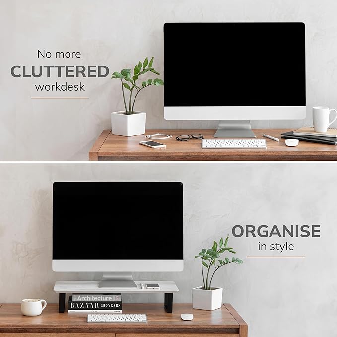 Anji Mountain Monitor Stand - Desktop Organizer & Laptop Riser, Ergonomic Monitor Riser, Space-Saving Monitor Stand for Desk, Durable Construction, Easy Assembly, Ideal for Home & Office,White Wash
