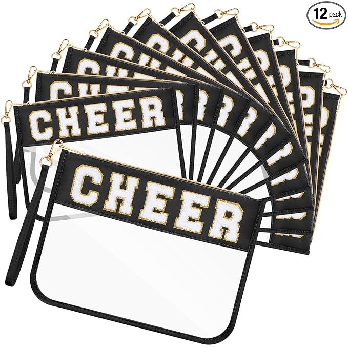 Abbylike 12 Pcs Snack Bags Clear Chenille Letter Cheer Zipper Pouch Waterproof PVC Large Travel Makeup Cosmetic Storage Organizer Bag for Mom Team Cheerleaders Teacher (Black)