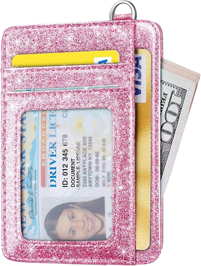 Coco Rossi Slim Front Pocket Wallet RFID ID Card Holder Cute Small Wallet with Wrist Lanyards Key Chain Holder for Women, Peach Pink Glitter