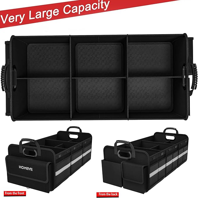 Homeve Trunk Organizer, Car Storage, Reinforced Handles, Collapsible Multi-Compartment, Foldable, Waterproof, Sturdy, 600D Oxford Polyester For Car, SUV, Mini-Van, Black, 3 Compart
