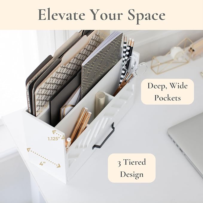 BLU MONACO | Wooden Mail Organizer with Drawer | Mail Organizer Countertop with 6 Compartments | Bill Holder for Desk | White Desktop Mail Sorter