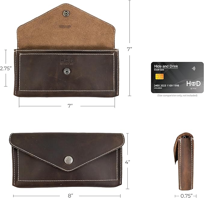 Hide & Drink, Full Grain Leather Large Female Wallet, Travel Organizer for Women, Vintage Money and Card Holder, Handmade, Bourbon Brown/White Stitching