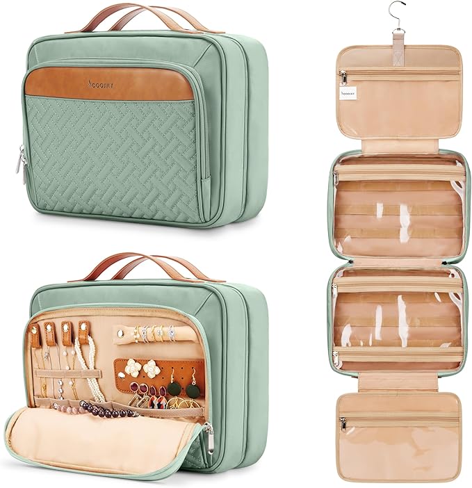 COOSKY Travel Hanging Toiletry Bag for Women, Cruise Ship Essentials, with Jewelry Organizer, Extra Large Makeup Dopp Kit, Waterproof Cosmetic Bags, Toiletries Kit Set with Trolley Belt, Green