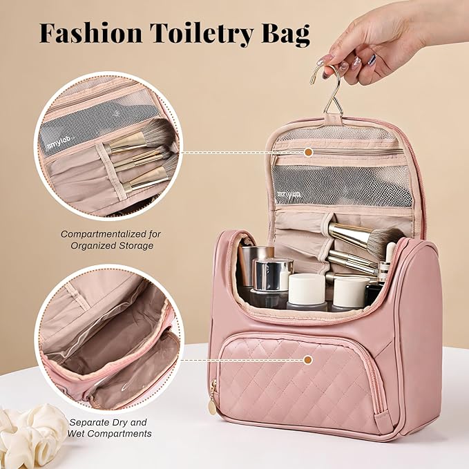 Greenfeather Cosmetic Bags for Women，Hanging Toiletry Bag with Makeup Brush Womens Travel Toiletry Bag for Women Essentials Travel Organizer for Full Sized Cosmetics and Toiletries Pink