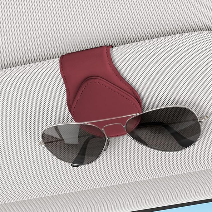 Magnetic Sunglass Holder for Car Visor, Sunglasses Visor Clip, Magnetic Leather Vehicle Glasses Ticket Card Clip, Automotive Eyeglass Hanger Organizer Accessories for Most Vehicles (Wine Red)