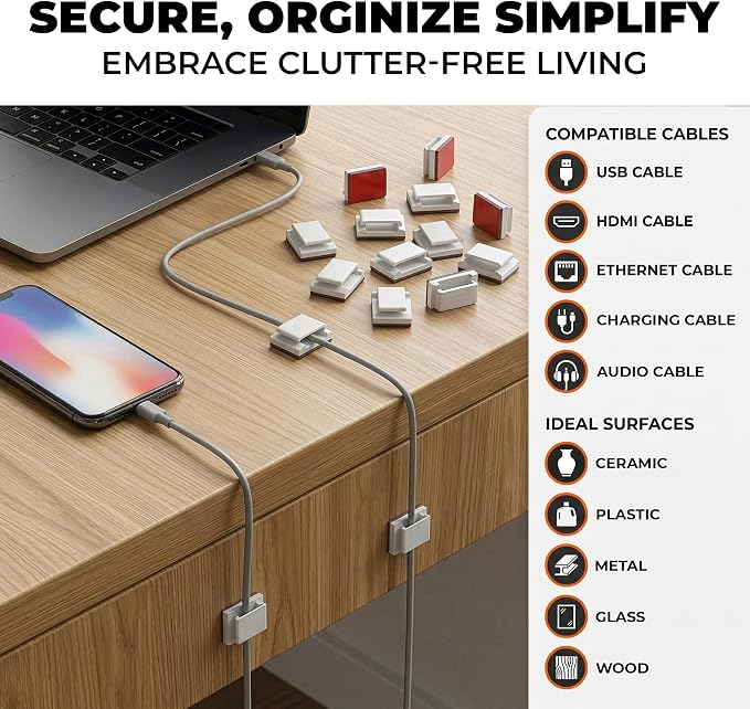 100 Pcs Adhesive Cable Clips for Wall and Desk - Self Adhesive Cord Holder and Cable Management Clips for USB, HDMI and Charging Cords, Led Light Strip Clips for Home Office, Car, RV, and Nightstand