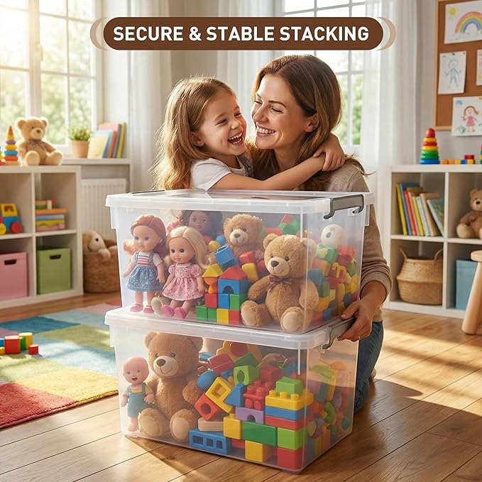 Citylife 48 QT 6 Packs Plastic Storage Bins with Lids and Secure Latching Buckles Clear Stackable Storage Containers for Organizing Durable Storage Box