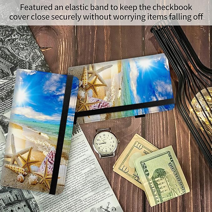 FUYOCWE Leather Checkbook Covers for Men Women Check Book Holder Cover Wallets for Personal Checkbook Duplicate Checks with RFID Blocking & Elastic Strap-Beautiful Beach Seashells