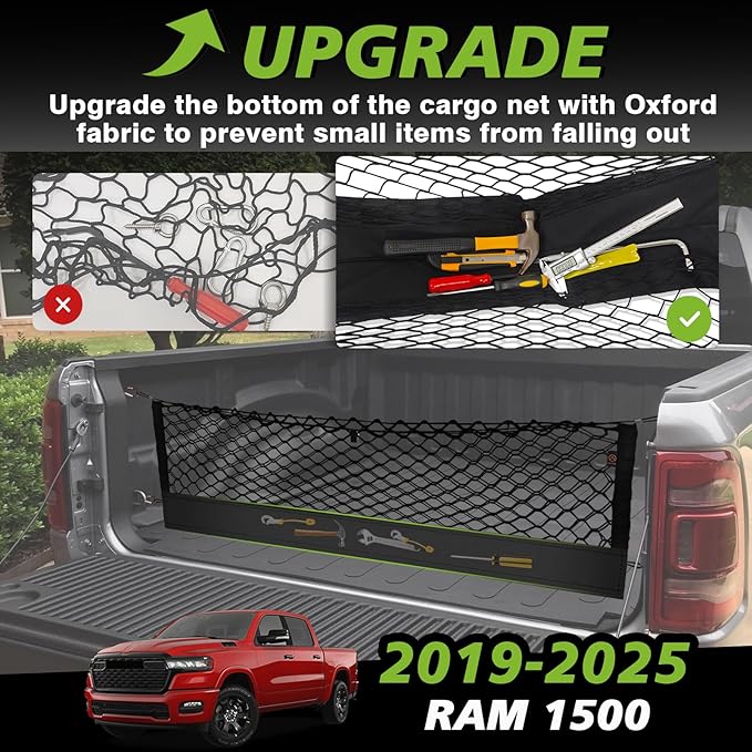 Muslogy Truck Bed Cargo Net Trunk Netting Compatible with Dodge Ram 1500 2019-2025 2026 Accessories, Pickup Cargo Organizer SUV Sedan Storage Net w/Heavy Duty Carabiners