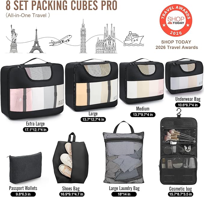 Veken 10 Set/8 Set Packing Cubes for Travel Essentials, Suitcase Organizer Bags in 4 Sizes, Carry-On Luggage Accessories with Laundry Bag & Passport Holder, Airplane Must Have, Camp Gifts for Men