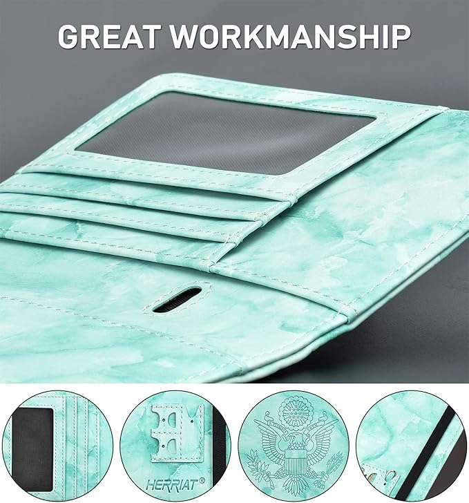 HerriaT Marble Leather Passport Holder Cover Case RFID Blocking Travel Wallets Card Case for Women Men(Green)