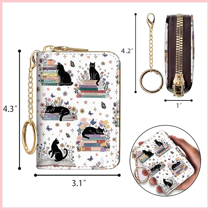 Blusabaca Black Cat Bookish Book Lover Women Credit Card Holder, Cute Small RFID Blocking Zipper Wallet, Keychain PU Leather Card Case, Aesthetic Wallet Female Girls Gift