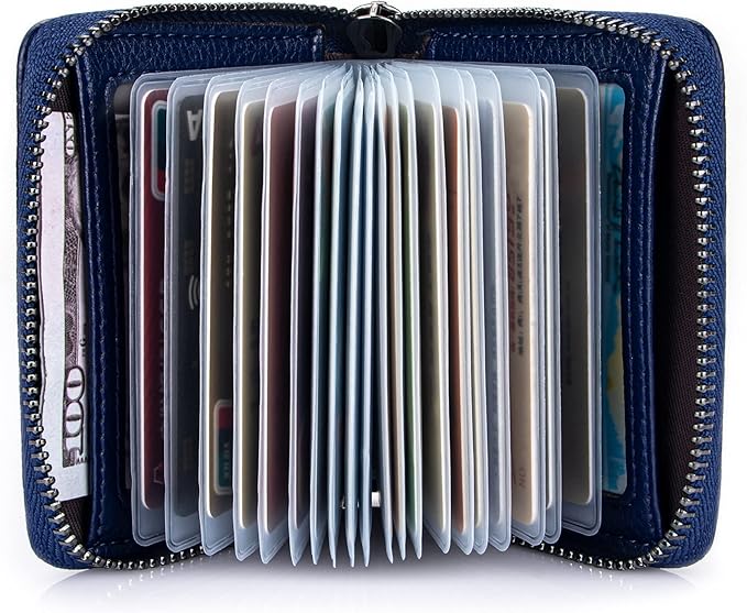 Suweibuke Genuine Leather Credit Card Holder Zipper Wallet RFID Blocking Secure Card Case ID Case Organizer (Dark Blue)