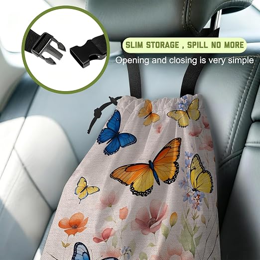 Car Trash Bag Vintage Butterflies and Flowers Leak-Proof Waterproof Car Garbage Bag with Drawstring Foldable Canvas Trash Bin with Adjustable Buckle for Car Accessories