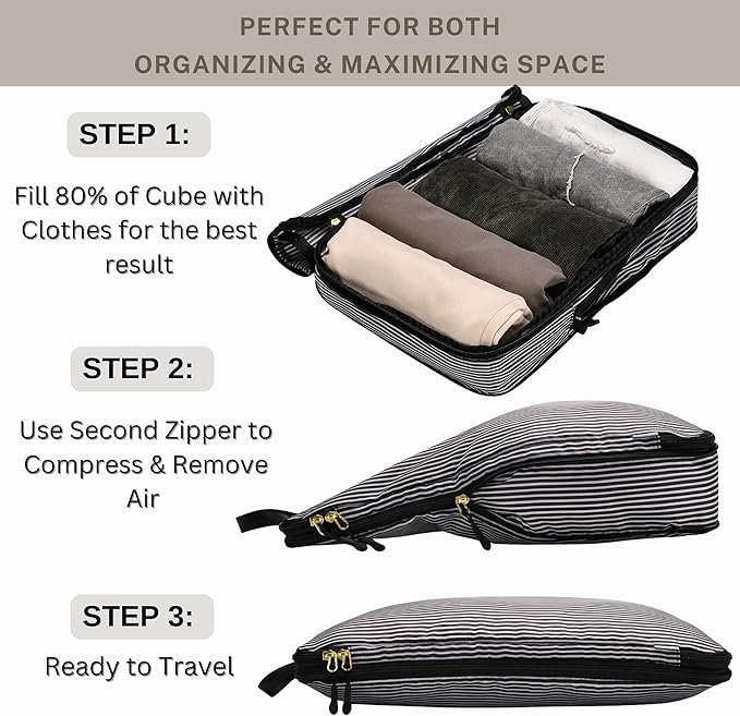 Extra Large Compression Packing Cubes for Checked Luggage, Lightweight Suitcase Organizers & Space Saver Bags - Travel Cubes for Packing - Travel Essentials - 2pc Set, X-Large - Black Stripe