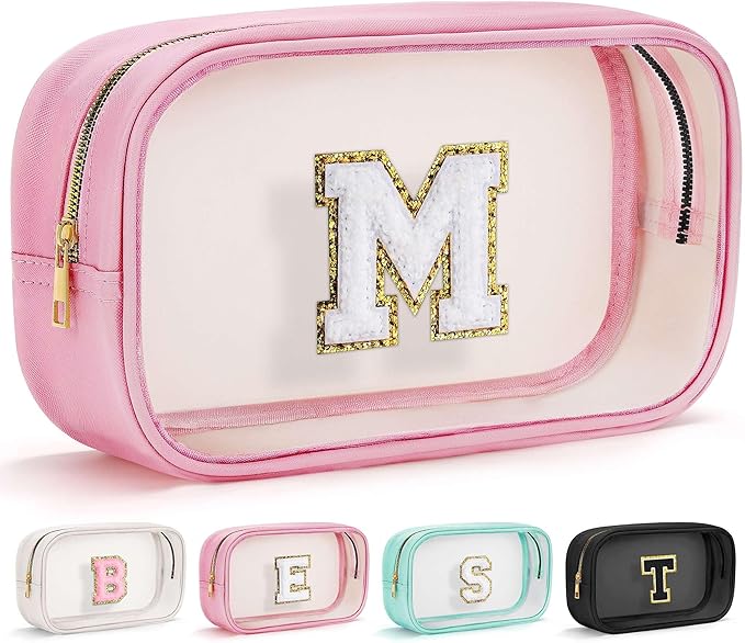 YOOLIFE Initial Mothers Day Gifts for Mom Women Teacher Appreciation Gifts for Teacher Women Birthday Gift for Kids Girls | Clear Makeup Bag Teachers Gift Travel Toiletry Bag | Cosmetic Bags Pink M