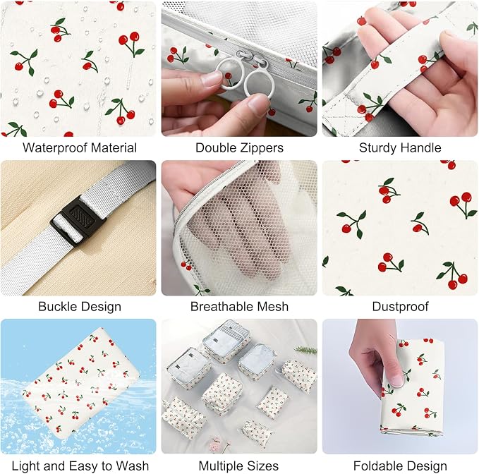 Packing Cubes for Travel - 8 Set Luggage Organizer Bags for Family, Mesh Breathable Packing Cubes for Suitcases Durable Travel Essentials Bags Set (White Cherry)