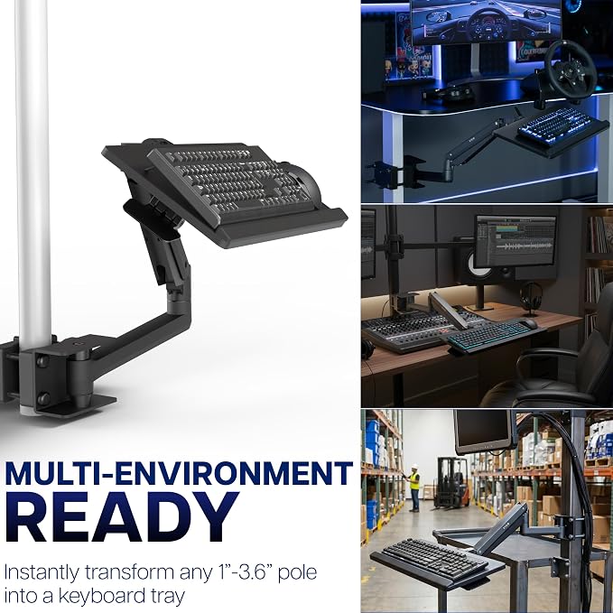 VIVO Sit-Stand 24 Inch Pneumatic Universal Pole Mounted Keyboard and Mouse Tray, Full Motion, Height Adjustable Typing Platform, Ergonomic Tilt, Black, MOUNT-KB35C-P