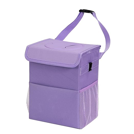 AOKJOY Car Garbage can with lid Leak Proof Vehicle Trash Can 3 Storage Pockets Hanging Waterproof car Trash Bag for SUV Purple
