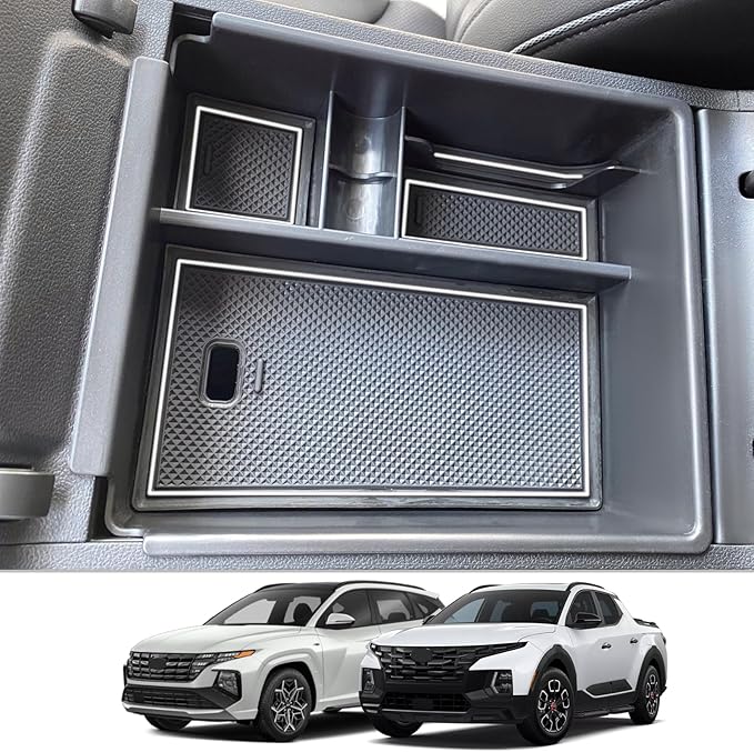 CDEFG Center Console Organizer Tray for 2022 2023 2024 Santa Cruz/ 2022 2023 2024 Tucson Limited Tucson Hybrid Armrest Storage Box Tray 2022-2024 Santa Cruz Tucson Accessories (White Mat)